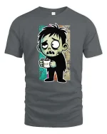 Funny Zombie Boy Coffee Lover Cartoon Graphic Tshirt - gray t-shirt on white background