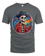 Skeleton Pirate Captain Graphic Ocean Adventure Style Tshirt - gray t-shirt on white background