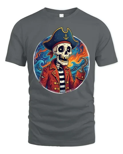 Skeleton Pirate Captain Graphic Ocean Adventure Style Tshirt - gray t-shirt on white background