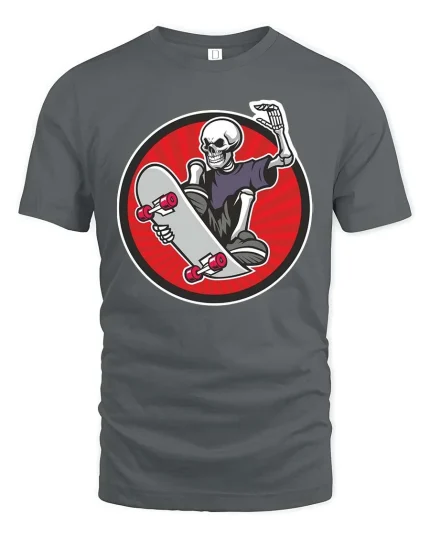 Skeleton Skateboard Rider Graphic Cool Street Style Tshirt - gray t-shirt on white background