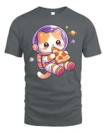 Cute Space Cat Eating Pizza Cartoon Kawaii Style Tshirt - gray t-shirt on white background