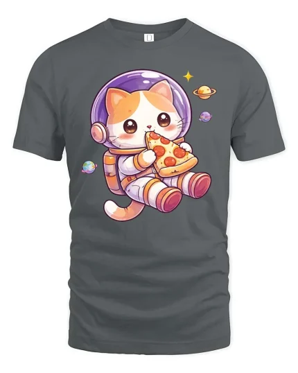Cute Space Cat Eating Pizza Cartoon Kawaii Style Tshirt - gray t-shirt on white background