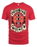 Safe Boy Psycho Retro Trippy Graphic Statement Tshirt - red t-shirt on white background