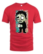 Funny Zombie Boy Coffee Lover Cartoon Graphic Tshirt - red t-shirt on white background