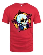Cool Skull Headphones Music Star Graphic Street Style Tshirt - red t-shirt on white background