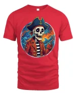 Skeleton Pirate Captain Graphic Ocean Adventure Style Tshirt - red t-shirt on white background