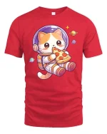 Cute Space Cat Eating Pizza Cartoon Kawaii Style Tshirt - red t-shirt on white background