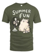 Summer Fun Cute Cat Relaxing Cartoon Chill Vibe Tshirt - military green t-shirt on white background