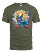 Colorful Psychedelic French Bulldog Art Nature Scene Tshirt - military green t-shirt on white background