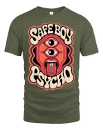 Safe Boy Psycho Retro Trippy Graphic Statement Tshirt - military green t-shirt on white background