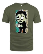 Funny Zombie Boy Coffee Lover Cartoon Graphic Tshirt - military green t-shirt on white background