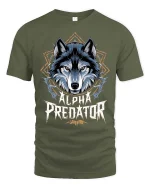 Alpha Predator Wolf Head Graphic Power Style Tshirt - military green t-shirt on white background