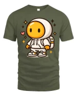 Cute Space Astronaut Cartoon Graphic Casual Style Tshirt - military green t-shirt on white background