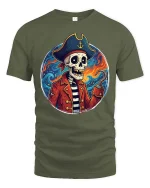 Skeleton Pirate Captain Graphic Ocean Adventure Style Tshirt - military green t-shirt on white background