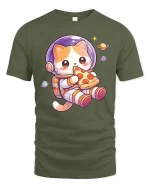 Cute Space Cat Eating Pizza Cartoon Kawaii Style Tshirt - military green t-shirt on white background