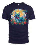 Colorful Psychedelic French Bulldog Art Nature Scene Tshirt - navy t-shirt on white background