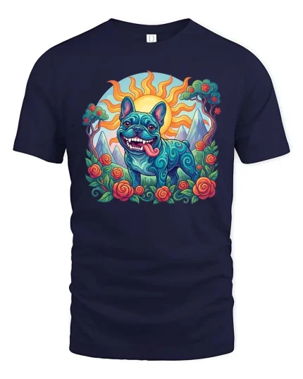 Colorful Psychedelic French Bulldog Art Nature Scene Tshirt - navy t-shirt on white background