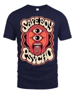 Safe Boy Psycho Retro Trippy Graphic Statement Tshirt - navy t-shirt on white background