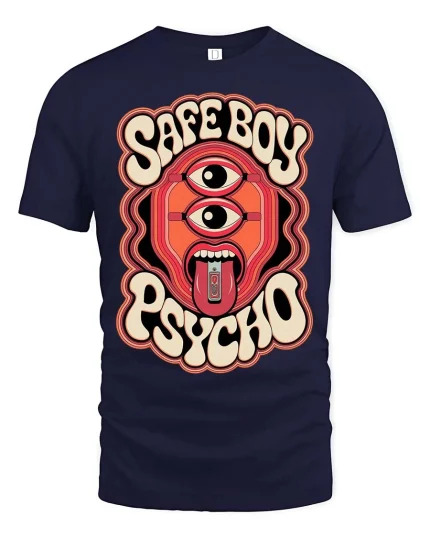Safe Boy Psycho Retro Trippy Graphic Statement Tshirt - navy t-shirt on white background