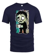 Funny Zombie Boy Coffee Lover Cartoon Graphic Tshirt - navy t-shirt on white background