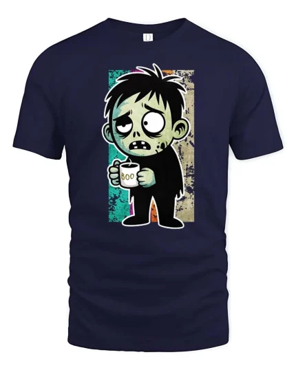 Funny Zombie Boy Coffee Lover Cartoon Graphic Tshirt - navy t-shirt on white background