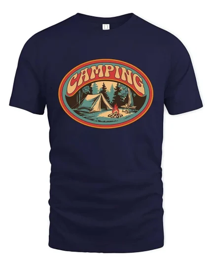 Camping Vintage Outdoor Adventure Nature Graphic Tshirt - navy t-shirt on white background