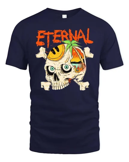 Eternal Skull Summer Beach Paradise Graphic Style Tshirt - navy t-shirt on white background