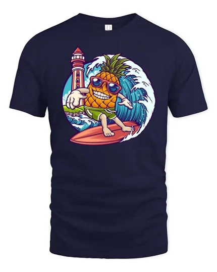 Funny Surfing Pineapple Beach Vibes Summer Graphic Tshirt - navy t-shirt on white background
