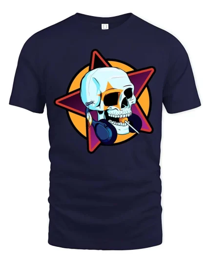 Cool Skull Headphones Music Star Graphic Street Style Tshirt - navy t-shirt on white background