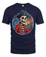 Skeleton Pirate Captain Graphic Ocean Adventure Style Tshirt - navy t-shirt on white background