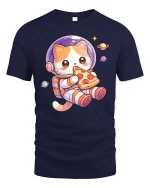 Cute Space Cat Eating Pizza Cartoon Kawaii Style Tshirt - navy t-shirt on white background