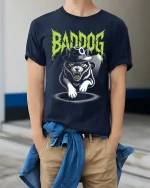 Bad Dog Mafia Cat Gangster Graphic Funny Tshirt Style - model wearing navy tee with hands in pockets