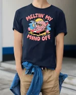 Meltin My Mind Off Funny Brain Summer Chill Graphic Tshirt - model wearing navy tee with hands in pockets
