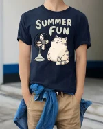 Summer Fun Cute Cat Relaxing Cartoon Chill Vibe Tshirt - model wearing navy tee with hands in pockets