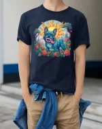 Colorful Psychedelic French Bulldog Art Nature Scene Tshirt - model wearing navy tee with hands in pockets