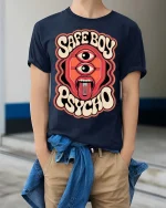 Safe Boy Psycho Retro Trippy Graphic Statement Tshirt - model wearing navy tee with hands in pockets