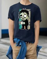 Funny Zombie Boy Coffee Lover Cartoon Graphic Tshirt - model wearing navy tee with hands in pockets