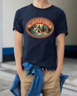 Camping Vintage Outdoor Adventure Nature Graphic Tshirt - model wearing navy tee with hands in pockets