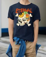 Eternal Skull Summer Beach Paradise Graphic Style Tshirt - model wearing navy tee with hands in pockets