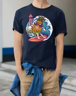 Funny Surfing Pineapple Beach Vibes Summer Graphic Tshirt - model wearing navy tee with hands in pockets