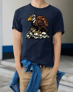 Vulture Skull Survivor Apocalypse Graphic Dark Style Tshirt - model wearing navy tee with hands in pockets