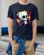 Cool Skull Headphones Music Star Graphic Street Style Tshirt - model wearing navy tee with hands in pockets