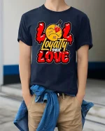Loyalty Over Love Broken Heart Street Graphic Tshirt - model wearing navy tee with hands in pockets