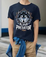 Alpha Predator Wolf Head Graphic Power Style Tshirt - model wearing navy tee with hands in pockets