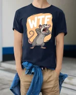 WTF Funny Screaming Rat Cartoon Graphic Humor Tshirt - model wearing navy tee with hands in pockets