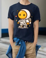 Cute Space Astronaut Cartoon Graphic Casual Style Tshirt - model wearing navy tee with hands in pockets