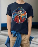 Skeleton Pirate Captain Graphic Ocean Adventure Style Tshirt - model wearing navy tee with hands in pockets