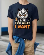 I Do What I Want Funny Angry Cat Graphic Attitude Tshirt - model wearing navy tee with hands in pockets