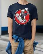 Skeleton Skateboard Rider Graphic Cool Street Style Tshirt - model wearing navy tee with hands in pockets