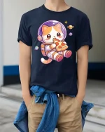 Cute Space Cat Eating Pizza Cartoon Kawaii Style Tshirt - model wearing navy tee with hands in pockets